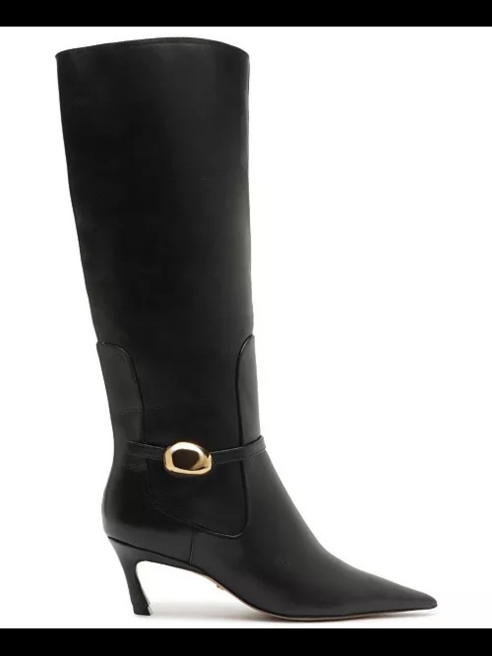 Women's Black Knee-High Pointed-Toe Leather Boots with Gold Accent